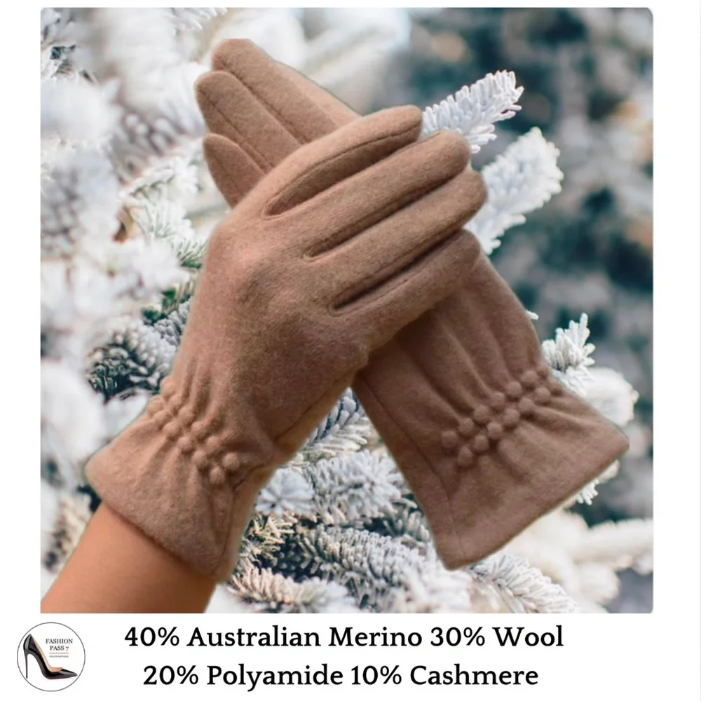 Luxury Cashmere Merino Wool Gloves Classic Beige Driving Winter Warm Cozy Gloves - Picture 4 of 6